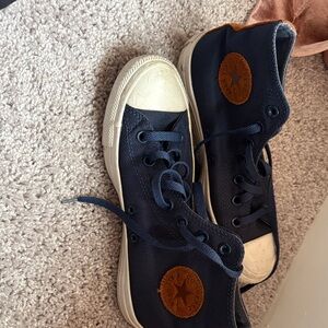 Converse Navy Blue High-Top Sneakers with Brown Patch